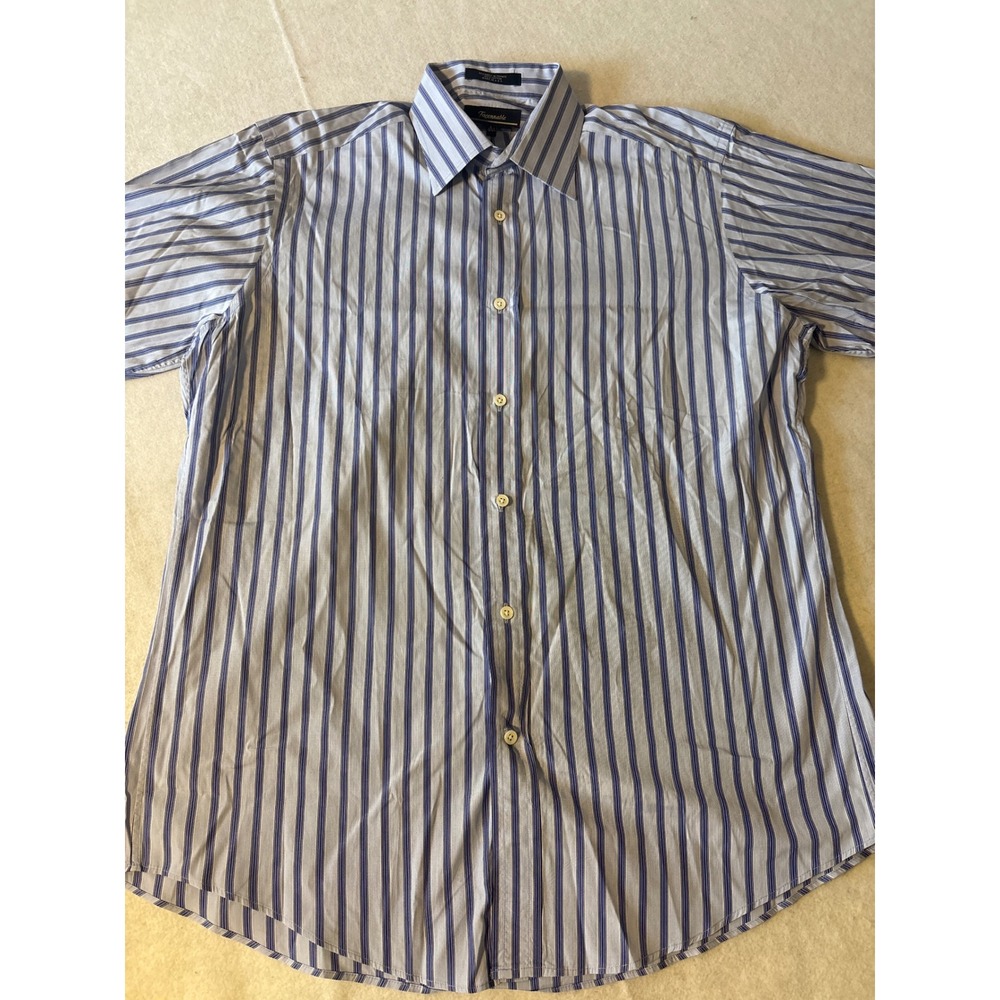 Faconnable Striped Button Down Shirt Mens 16.5 L Blue White Cotton Made in‎ USA